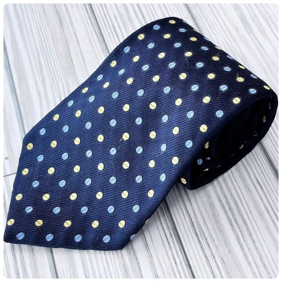 Tommy Hilfiger Men Necktie 100% Silk Vintage Logo Made in USA. Blue Polka Dots - Picture 1 of 3